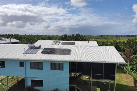 A Birds eye view of the SDP Balimo MAF Pilots houses showing the newly installed solar panels