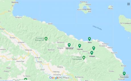 Airstrips in the Finisterre Mountains served by the Morobe Clinic Patrols out of Wasu, the airstrip near the Etep Hospital. Note: yellow are the main highways across mainland PNG, connecting Madang, Lae (south of Finschhafen), Goroka and beyond