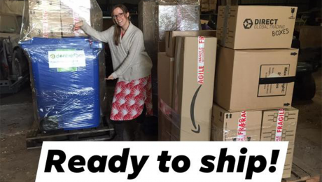 Tracy Norbury being excited that the DentaidBox is ready to be shipped from England to Papua New Guinea 
