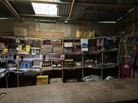 Inside a store, with shelves loaded with a few essentials 