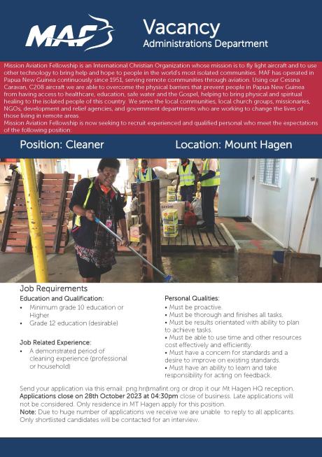Job advert for Cleaner, Mt Hagen