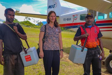 Megan Levers from the office of MFAT with Mr Kua, a local health worker