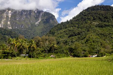 An aircraft on airstrip with mountains in background