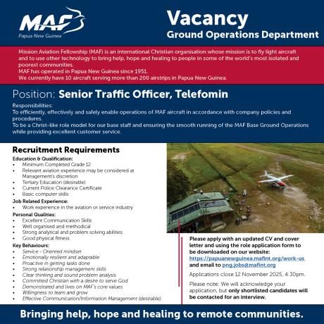 Job vacancy for Senior Traffic Officer, Telefomin