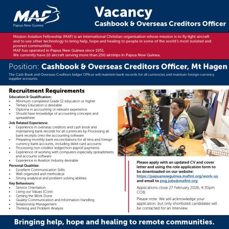 Cashbook and Overseas Creditors Officer