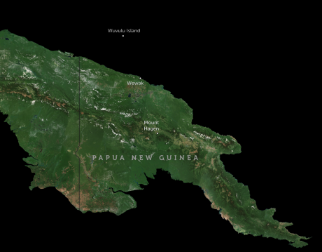 Map of PNG showing the island of Wuvulu, Wewak and Mount Hagen
